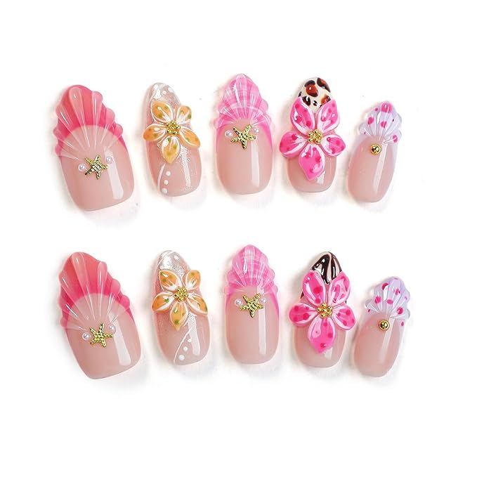 Handmade Press on Nails French Tip Acrylic Nails Medium Almond Fake Nails with 3D Flower & Starfish Designs Thickened Salon Quality Stick on Nails Muti-Layer Gel Acrylic Nails for Women（Size M)