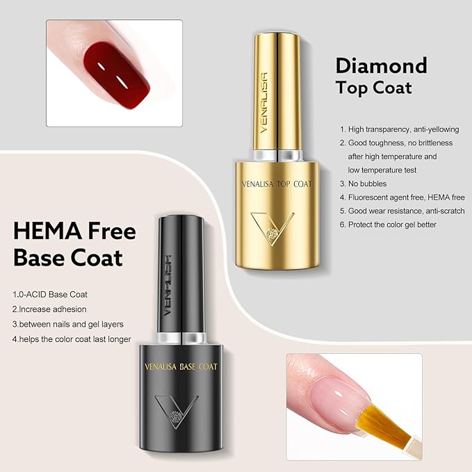 VENALISA 2 Pcs No Wipe Gel Top Coat and Base Coat Set- High Gloss Shiny Base Top Coat Gel Nail Polish Kit, Soak Off Nail Art Home and Professional Manicure