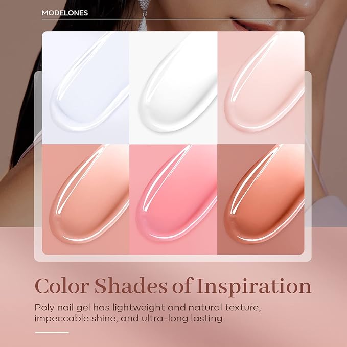 modelones Poly Nail Gel Set, 6 Colors Nude Pink Brown Daily Collection Poly Extension Gel Set Builder Manicure DIY Design Nail Art Home Salon Beauty Gift