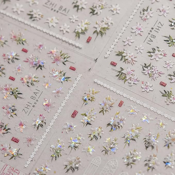 Spring Floral Nail Art Stickers, Blossoms Lily Design with Iridescent Effect, Valentine's Day Decorative Nail Decals (Lily Two)