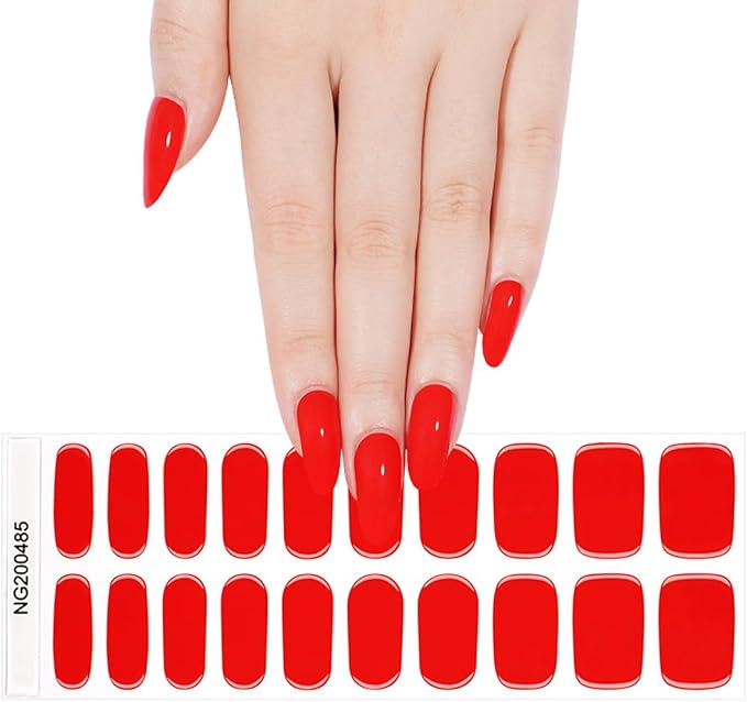 Semi Cured Gel Nail Strips - 20Pcs Classic Red UV Gel Nail Wraps with Solid Red Design, Long Lasting Salon-Quality Stickers, Includes Nails File & Wooden Stick - UV/LED Lamp Required