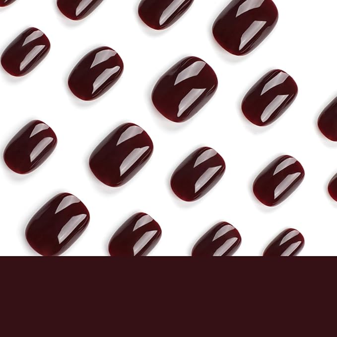 Dark Red Press on Nails Short Squoval Fake Nails Valentines Nails Press ons with Solid Color Design Full Cover Stick on Nails for Women Manicure,Reusable | Glue Tabs | Easy Apply | 24Pcs