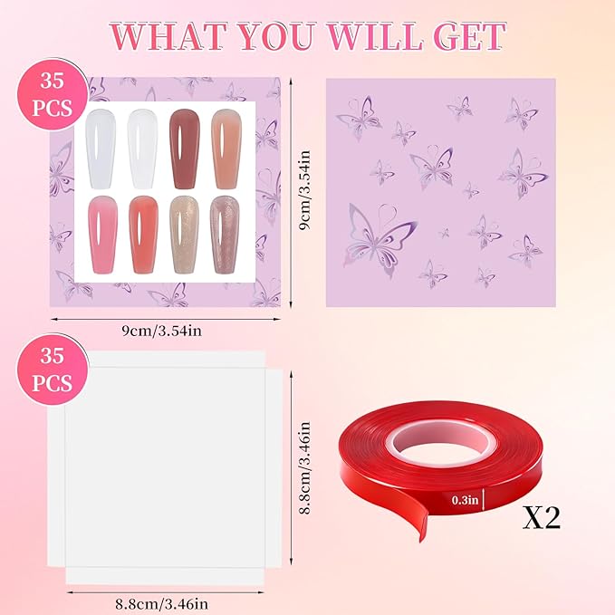 ANGNYA 72PCS Empty Press On Nail Packaging Box Contains 35PCS Butterfly Press On Nail Boxes, 35PCS White Display Cards, 2PCS Double Sided Tapes, Nail Tip Storage Case for Press-on Nail Business