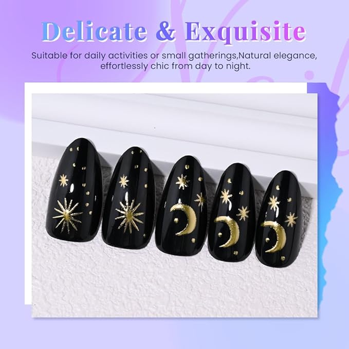 Black Star Moon Press on Nails, Long Almond Acrylic Fake Nails Design, Natural Reusable Glue-On Nails Kit for Women DIY 3D False Nail Art Decoration Gift, Salon Quality Reusable 15/30 Psc
