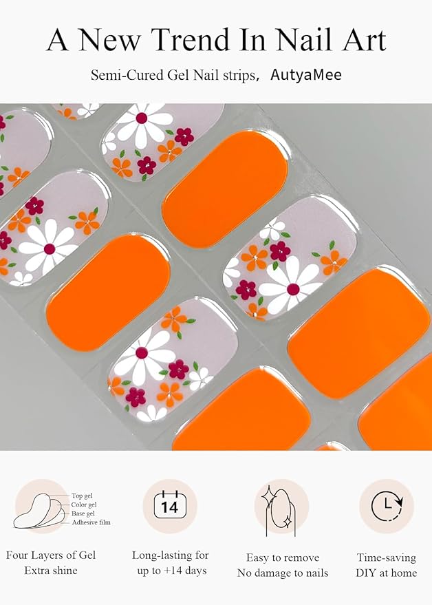 Semi Cured Gel Nail Strips (Orange Flower), 20Pcs Gel Nail Wraps, Stickers, Works With Any UV Lamps