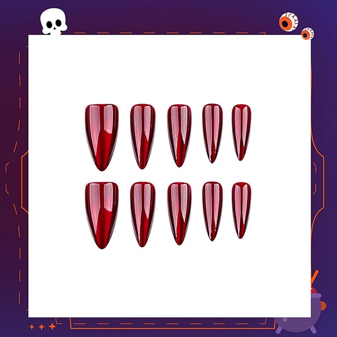 Halloween Press on Nails Blood Red Fake Nails with Gradient & Glitter Design Shiny Witch Fake Nails Full Cover Glossy Acrylic Nails Stick on Nails for Women Girls Party Cosplay Nail Art Decor
