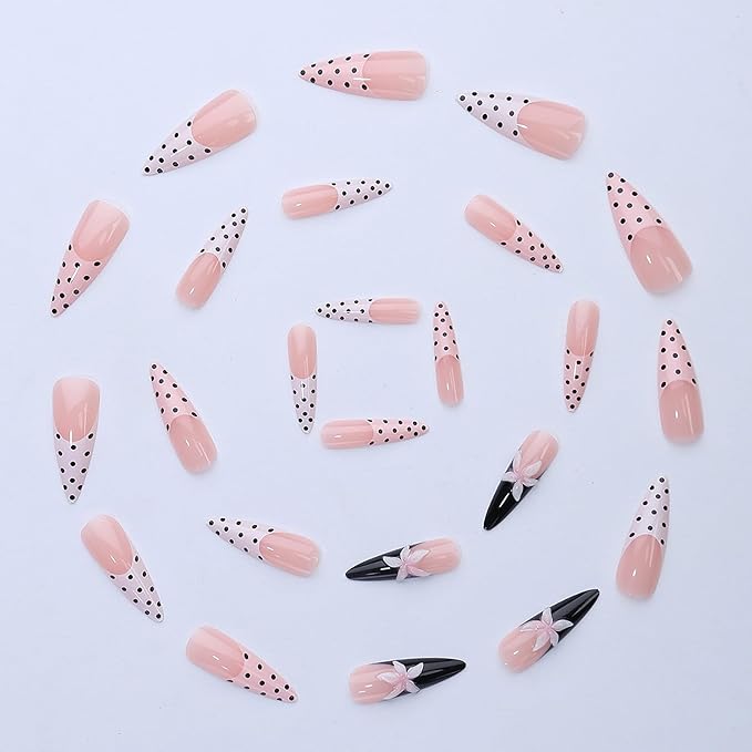 MISUD Press on Nails - Long Stiletto Fake Nails with Polka Dot, Acrylic French Tip Design 24 pcs