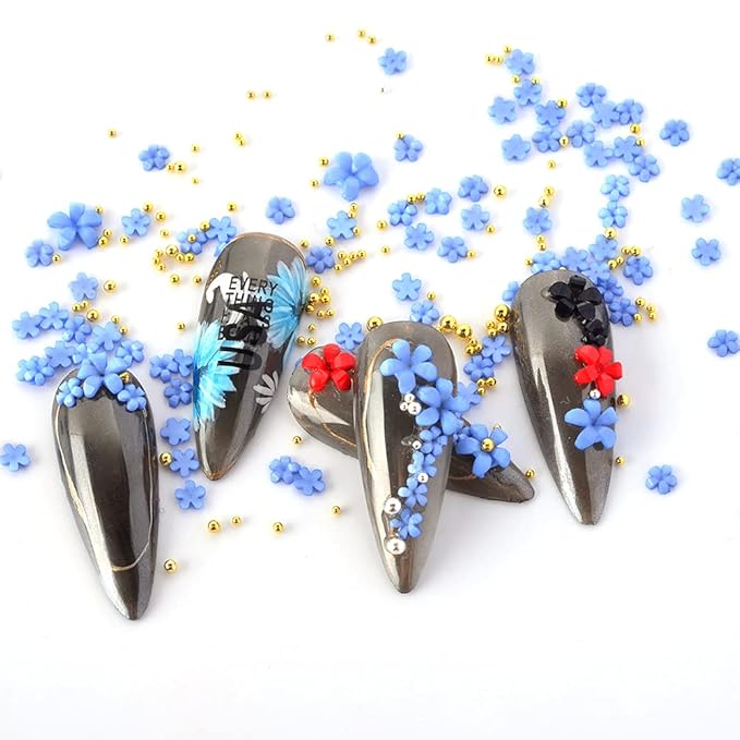 Mixed 3D Flower Nail Charms and Metal Caviar Beads, Acrylic Resin Flowers Nail Design Gold Silver Nail Ball Beads for DIY Decoration Nail Craft Accessories With Pickup Pencil(Bright Colors)