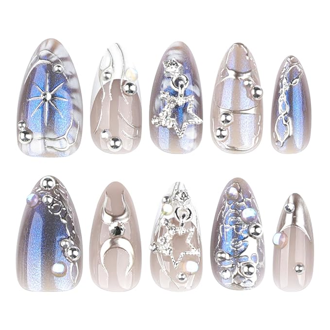 Silver Chrome Press on Nails Medium Almond Fake Nails Blue Nails Press ons with Liquid Metal Swirl,Star Design Full Cover Stick on Nails for Women Manicure,Reusable | Glue Tabs | Easy Apply | 24Pcs