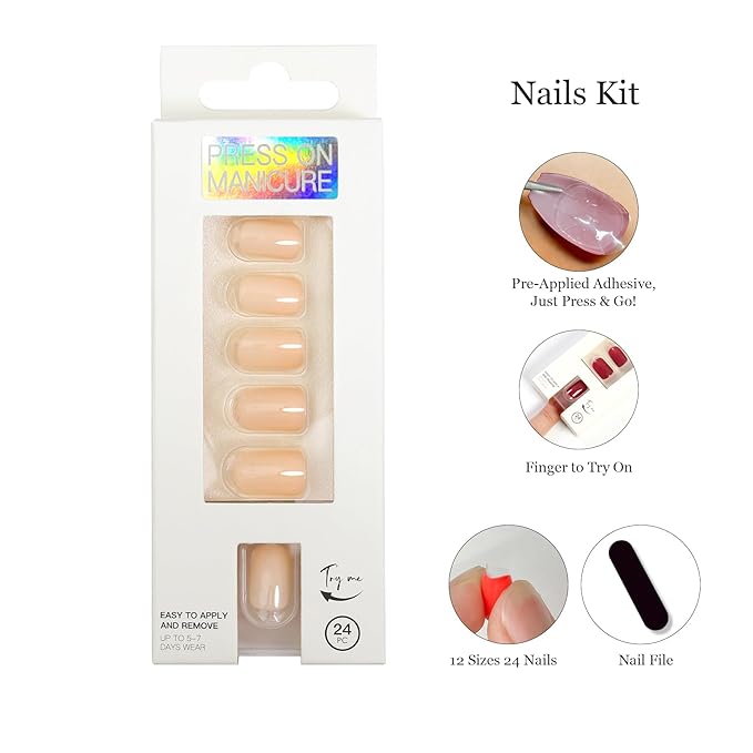 Acrylic Press On Nails Square Short - Nude Peach No Glue Soft Gel Nail Tips for Girls, Flexible Fit Feels Natural for Everyday, Damage & Chip-Free, 24 Nails in 12 Sizes with File