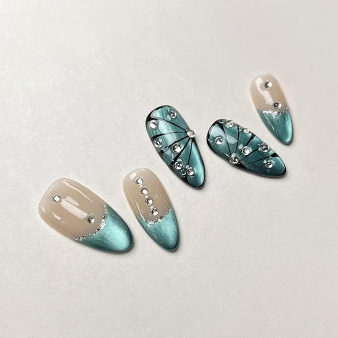 Press On Nails Medium Almond Shape False Nails, Handmade Acrylic Gel Fake Nails with Art Designs, Reusable 10 Pcs 3D Nails for Women DIY Manicure Kit