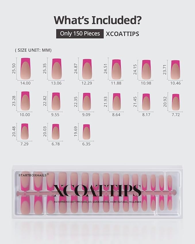 BTArtboxnails XCOATTIPS Pink French Tip Press On Nails - Long Press On Nails Square, Soft Gel Nail Tips, 150Pcs Soak Off Acrylic Brown Fake Nail Extension in 15 Sizes