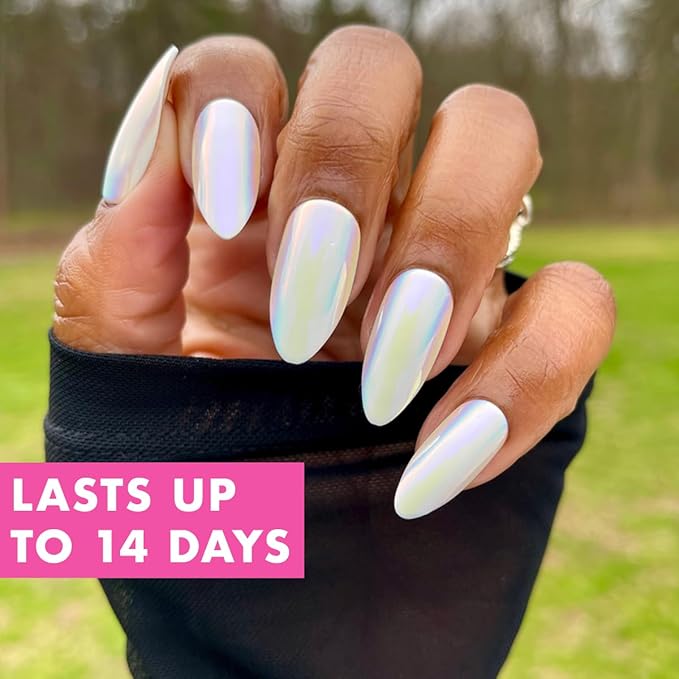 Olive & June Maximalist Instant Mani Press-On Nails (Glue) | 42 Fake Nails, 21 Sizes | Non-Toxic, Long-Lasting Big, Bold Gorgeous Realistic Look | Salon-Quality | Long, Almond | Iridescent Chrome