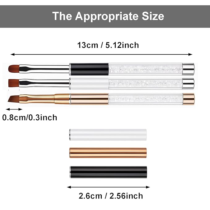 3Pcs Gel Nail Brush Set – Oval, Flat & Angled Tips, Rhinestone Handle Nail Art Design Brushes with Protective Caps, UV Gel Acrylic Builder Brush Kit for Manicure – Black, White, Gold