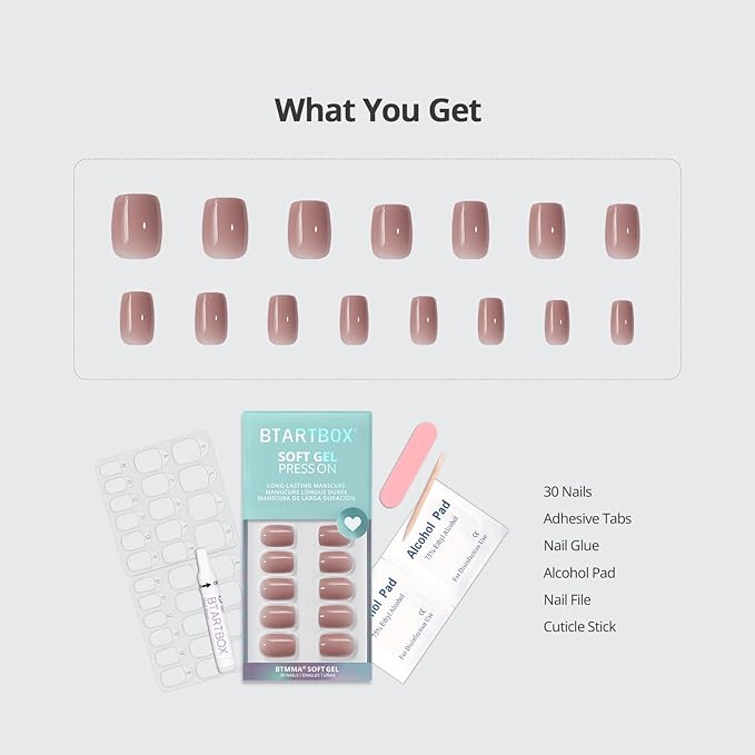 BTArtbox Press On Nails Short - Taro Nude Squoval Fall Press On Nails with Glue for Women, Opaque Soft Gel Glue On Nails in 15 Sizes - 30 Stick On Nails Kit, Clay Kiss