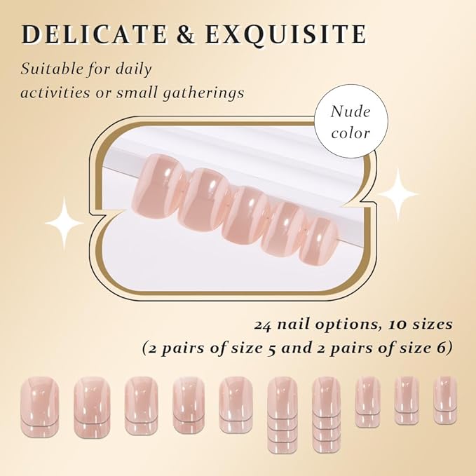 evpct Nude Glazed Press on Nails Short Square for Women Gift, Chrome Glazed Nude Fake Nails Reusable with Soft Gel, Glossy Glitter Stick on False Nail Kit Salon Quality DIY at Home, 01