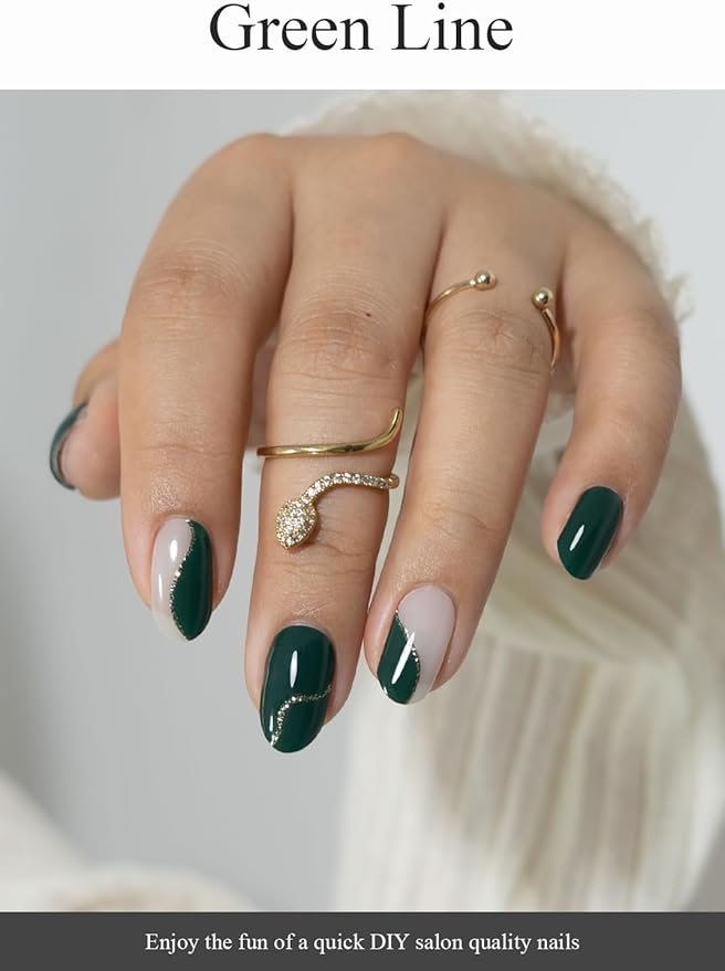 Semi Cured Gel Nail Strips (Green Line), 20 Pcs Gel Nail Wraps, Stickers, UV Light Required, Salon Quality, Long Lasting