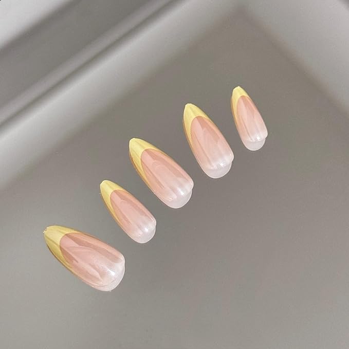 24 PCS Yellow French Tip Press On Nails Pink Chrome Nails Mirror Metal Chrome Nails Soft Gel Fake Nail