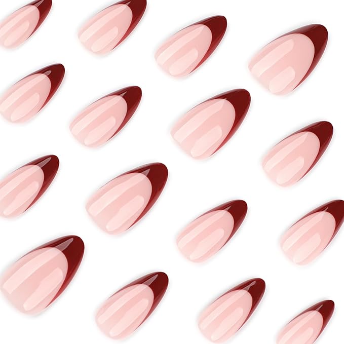Press on Nails Almond Medium - Wine Red French Tip Fake Nails - Glossy Full Cover Stick on Nails Press Ons - for Women Manicure 24 Pcs