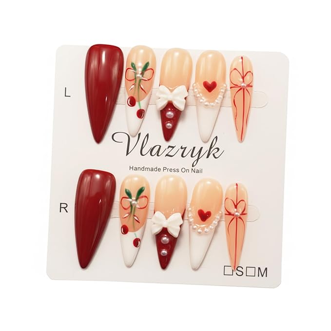 Luxury Handmade Press On Nails for Women,Reusable French Tip Long Almond False Nails, with 3D Red Bow & Cherry Pearls, Salon Quality Multilayer Gel Acrylic Fake Nails (10pcs)
