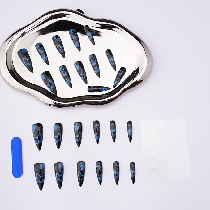 Halloween Fake Nail - Gothic Press on Nails | Long Stiletto False Nails with Blue Butterfly Designs,Full Cover Glossy Acrylic Nails,Stick on Nails for Women Girls Halloween Manicure 24Pcs