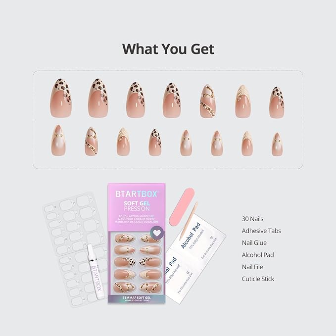 BTArtbox Press On Nails Almond - 3D Pearl Leopard Medium French Tip Press On Nails with Glue for Women, Opaque Soft Gel Glue On Nails in 15 Sizes - 30 Stick On Nails Kit, Cheeky Duo