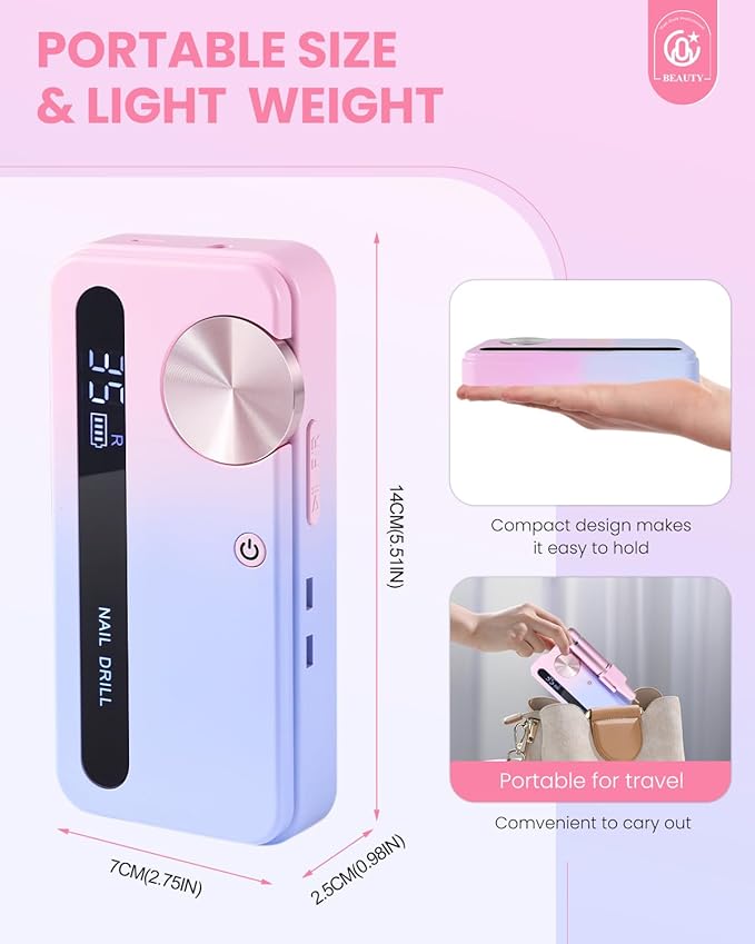 CozyZen Cordless Nail Drill Professional: 45000 RPM Rechargeable Electric Nail File Kit, Portable & Low Noise for Acrylic, Gel Nails, Manicure & Pedicure - Salon & Home Use (Pink & Purple)