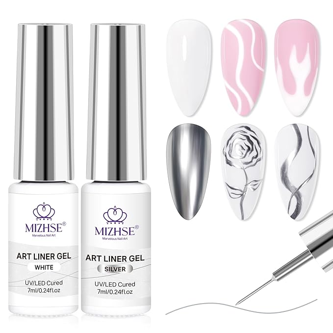 MIZHSE Gel Liner Nail Art, White and Metallic Silver Painting Gel Polish, Mirror Chrome Silver Classic White Glossy Drawing Line Stripe Swirls French Nail Design DIY Manicure Soak Off Nail Art