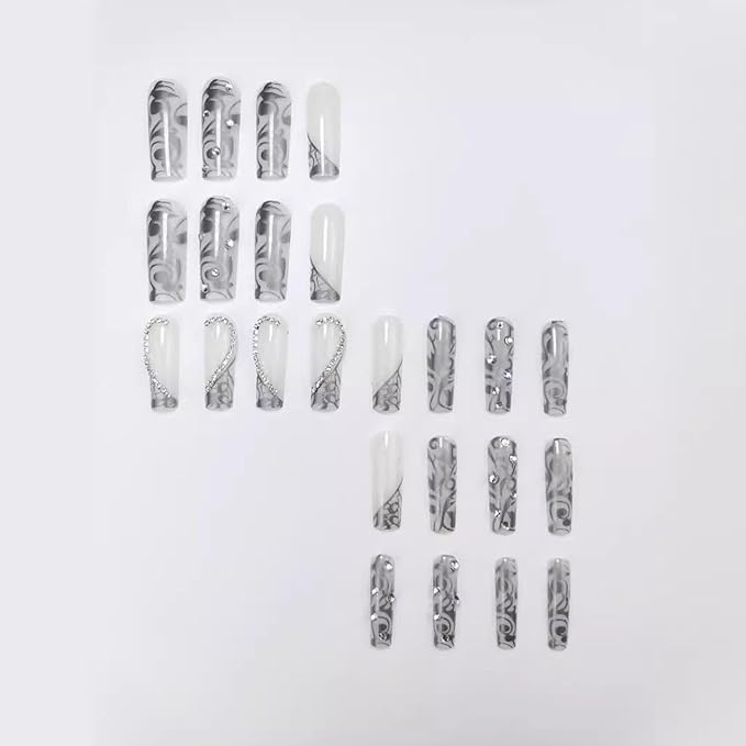 Square Press on Nails Long Fake Nails with Heart Rhinestones Designs Black Acrylic Nails Press ons Cute Glue on Nails Full Cover Stick on Nails for Women 24 Pcs