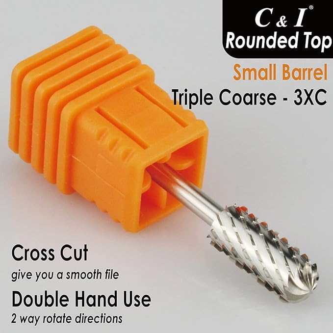C & I Small Barrel Rounded Top Nail Drill Bit with Teeth on the Top, Professional Electric File for Manicure Drill Machine, Remove Nail Gels 3/32” (Triple Coarse -3XC)