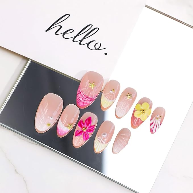 Handmade Press on Nails - Luxury 3D Rose Red Yellow Flower Medium Almond False Nails Salon Quality French Tip Design Handmade Floral Artificial Fingernail Stick on Nail for Women（Size M）
