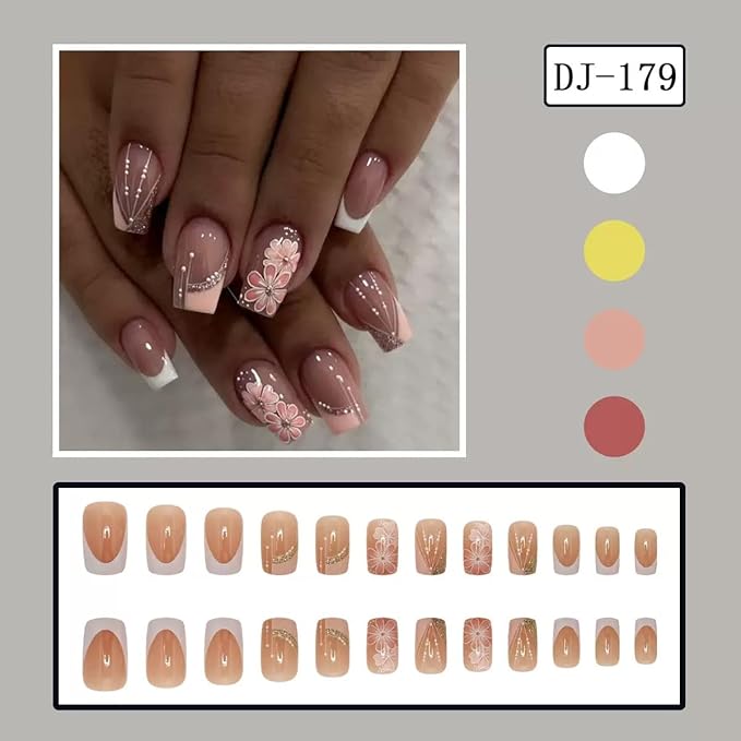Press on Nails Square - Medium Fake Nails with Flower Design - French Tip, Pink False Nails Press ons - for Women 24 Pcs