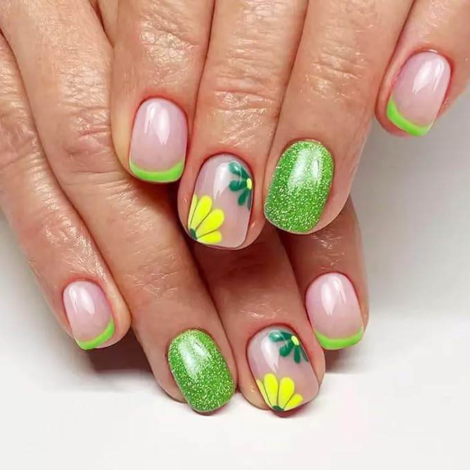 6 Packs (144 Pcs) Flower Press on Nails Short Square Fake Nails Floral False Nails with Designs Spring Summer Glue on Nails Full Cover Glossy Acrylic Stick on Nail for Women Girls Manicure