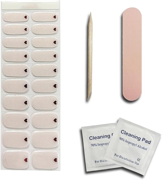 Semi Cured Gel Nail Strips - Red Heart with Shimmering Base, Valentine Glitter Nail Stickers, DIY Manicure Kit, Salon Quality Lasting Gel Polish Strips