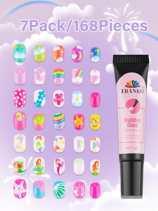 168 Pieces Press on Nails for Kids, EBANKU 7 Pack Kid Fake Nail Kit Summer Shells Butterfly Press on Nails for Girls 6-12 Years with Nail Glue