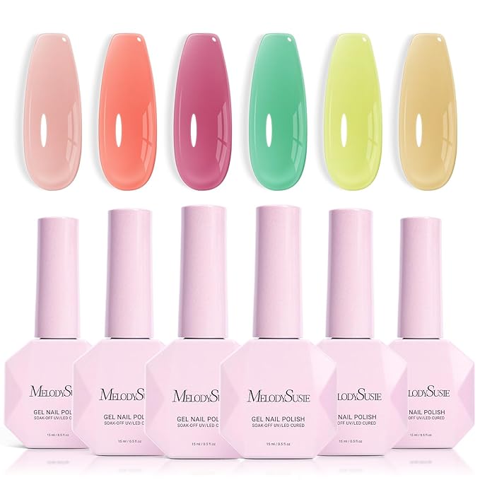 MelodySusie Jelly Gel Nail Polish Set,6 Transparent Colors,Milky or Jelly Texture,Soft Candy Colors Soak Off UV LED Light Cure or Salon Manicure and Nail Art DIY at Home 15ML 0.3Fl Oz