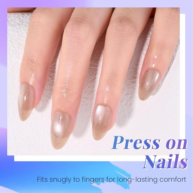Light Brown Press On Nails Short Oval Cute Shimmer Acrylic Fake Nails, Jelly Glossy Full Cover Glue on Nail For Reusable Fall Artificial Stick on Nails for Salon Quality Nail Women 24 Pcs