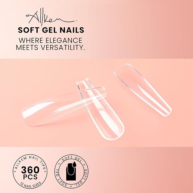 Allkem Soft Gel Nail Tips - 360 pcs XXL Ballerina Nail Extensions Kit - 12 Sizes Extra Extra Long Full Cover Nails - Clear (360 Pieces)