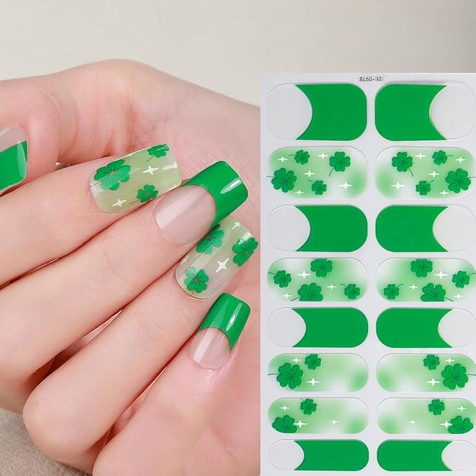 4 Sheets St Patrick’s Day Gel Nail Stickers for Nail Art Green Shamrock Gel Nail Polish Strips Clover with Glitter Design Irish Stickers Full Wrap Gel Nail Strips Sticker for Women Manicure Salon