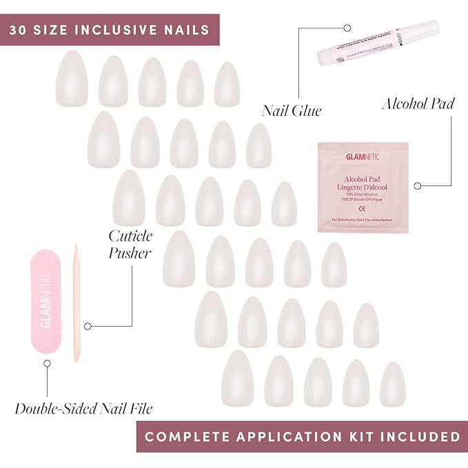 Glamnetic Press On Nails - Hailey Fake Nails | Glossy, Semi-Transparent, Short Almond Nails, Salon Quality | 15 Sizes - 30 Nail Kit with Glue