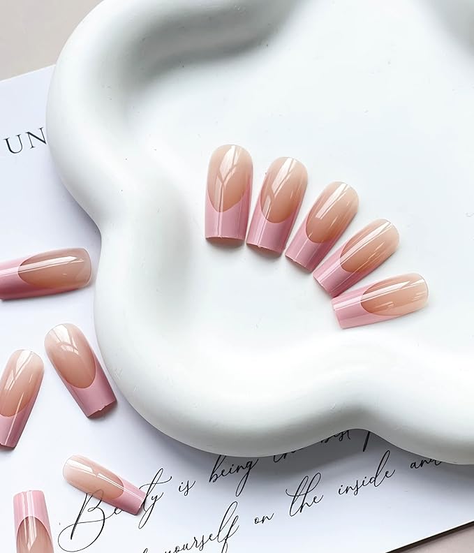 Press on Nails Long Square Pink French Tip Fake Nails Full Cover False Nails with Designs Light Pink Nail Tip Glossy False Nails with Nail Glue Artificial Acrylic Nails for Women Girls 24 Pcs