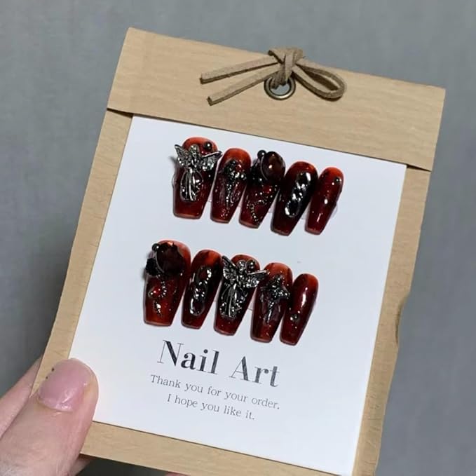 Press on Nails, Short ladder Fake Nails Bloodthirsty Angel False Nails Middle Red Press on Nails for Women Girls Nail Art Decoration,Bloodthirsty Angel - Middle
