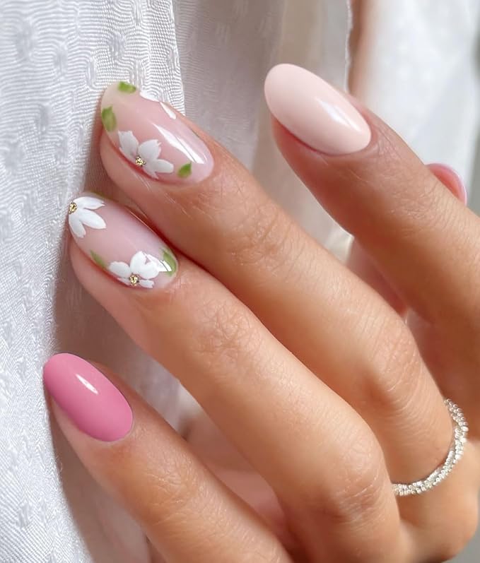 JMEOWIO Gel Nail Stickers White Flower Semi Cured Gel Nail Strips Wraps UV/LED Nails Art Design Decoration Accessories