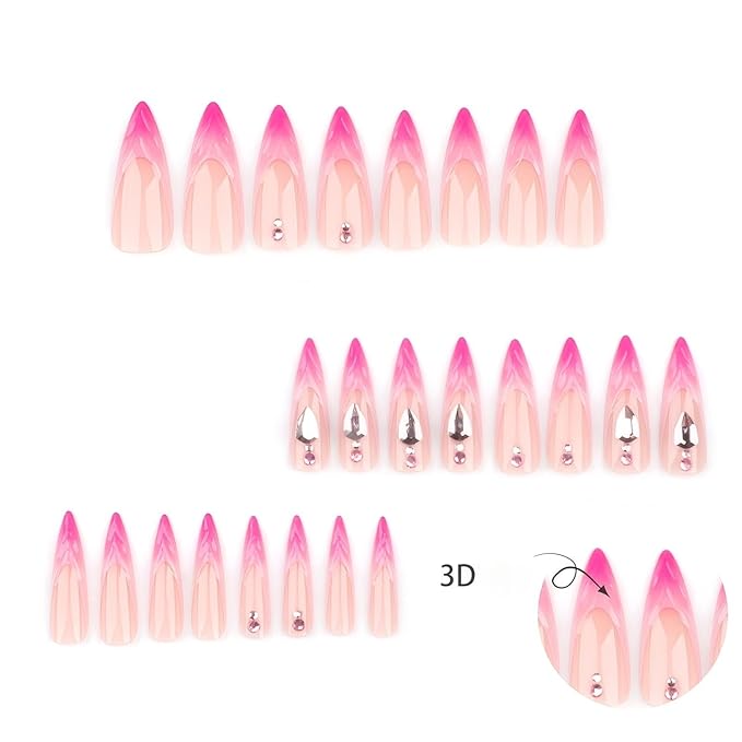Rchvosam xxl French Tip Press on Nails Extra Long Almond False Nails Press Ons 3D Stripe Diamond Design Fake Nails Full Cover Acrylic False Nails Gift for Women 24pcs