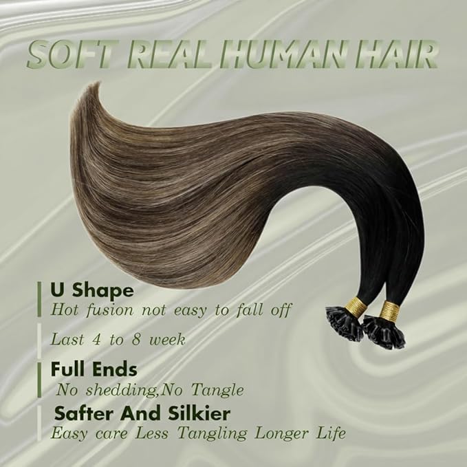 RUNATURE 24 Inch U Tip Human Hair Extensions Pre Bonded Straight Nail Tips Hair Extensions Silky Human Hair U Tip Extensions Remy Hair #1B/6/27 Ombre Black to Brown Mix Caramel Blonde 50g 50s