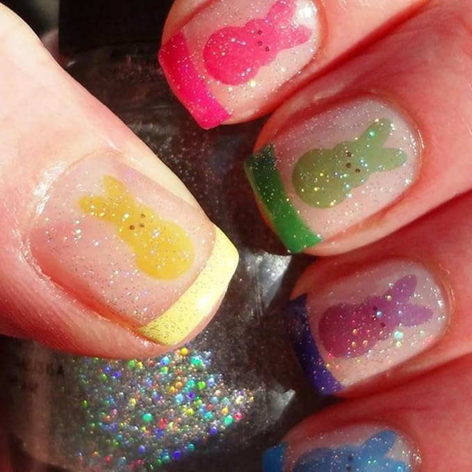 Easter Press on Nails Colorful French Tip Fake Nails with Bunny Designs Glitter Short Square False Nails Press ons Reusable Artificial Nail Full Cover Stick on Nails for Women Manicure 24Pcs