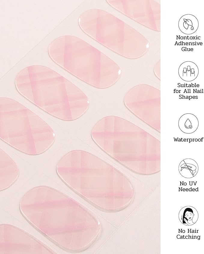 Nail Polish Strips (No UV Lamp Needed) - 22 Pcs Salon Quality Gel Nail Stickers - Long Lasting Wraps (Pink Plaid)