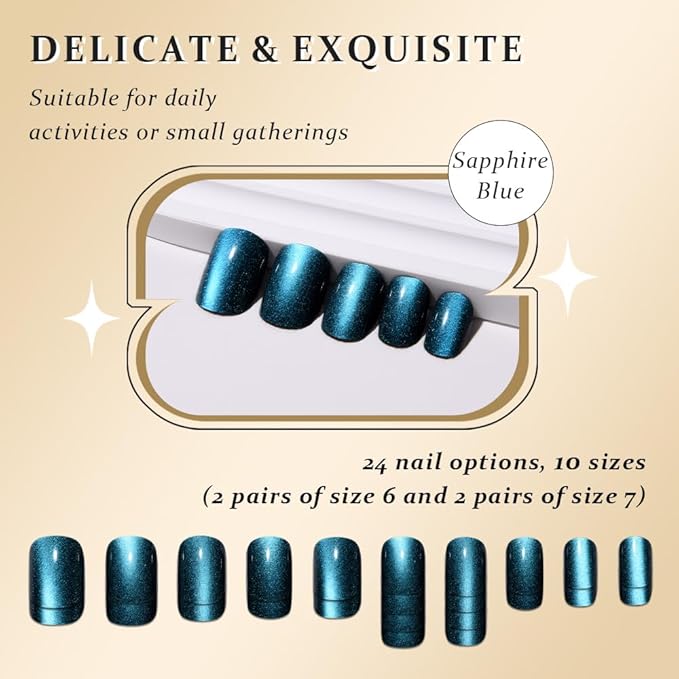 Cat Eye Green Press On Nails Short Square, Designer Reusable Acrylic Fake Nails with Glue, Glossy Soft Gel Nails Wedding and Party, Stick On Glue On Nails, Nails Press Ons fro Women