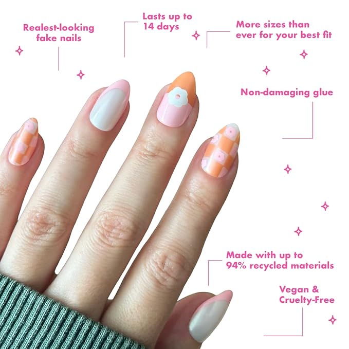 Olive & June Maximalist Instant Mani Press-On Nails (Glue) | 42 Fake Nails, 21 Sizes | Non-Toxic, Long-Lasting Big, Bold Gorgeous Realistic Look | Medium, Almond | Chrome Flower Mixed Pack