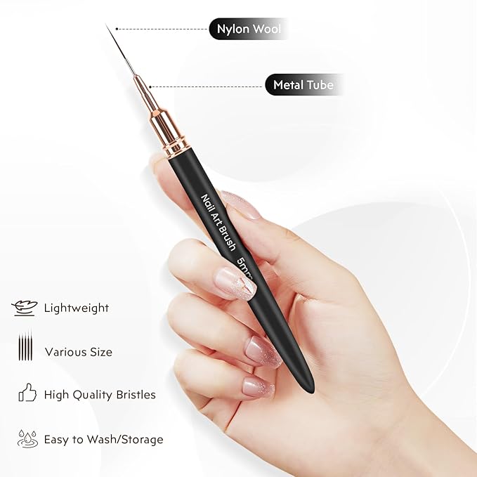 5PCS Nail Art Brushes Set with Pink Leather Case，【Metallic Material】 【Various Size】 【Light Weight】Nail Brush， Nail Brushes for Nail Art，Size：5mm,8mm,12mm,20mm,25mm，Black
